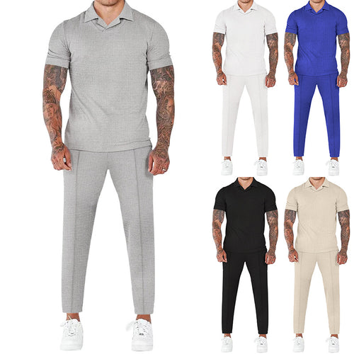 Herren elegantes Kurzarm-Hemd- und Hose-Set mit strukturiertem Design und komfortabler Passform EB