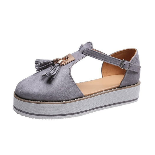 Damen  T‑Riemen Plateau‑Sandale aus Wildlederimitat mit Quastenapplikation und verstellbarem Fersenriemen EB