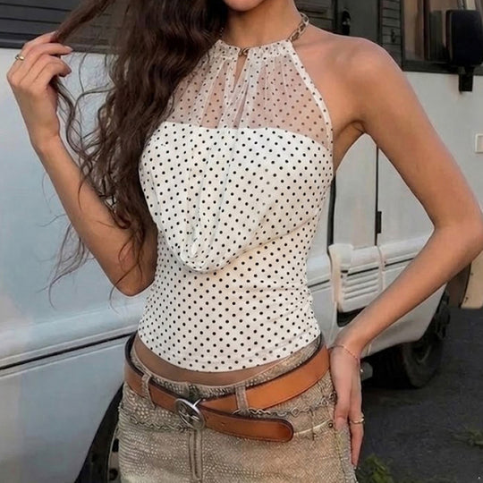 Damen Elegantes Neckholder-Top mit transparenten Akzenten und verspieltem Punkte-Design EB