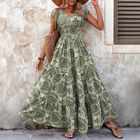 Damen Maxikleid mit romantischem Vintage-Muster und fließendem Schnitt EB