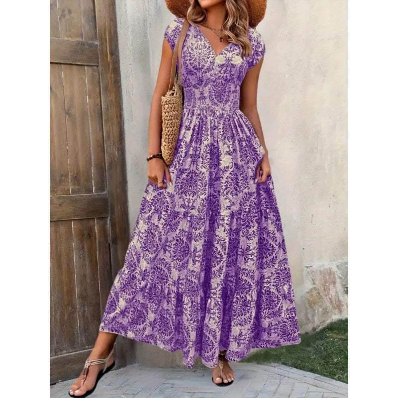 Damen Maxikleid mit nostalgischem Blumenmuster und voluminösem Rock EB