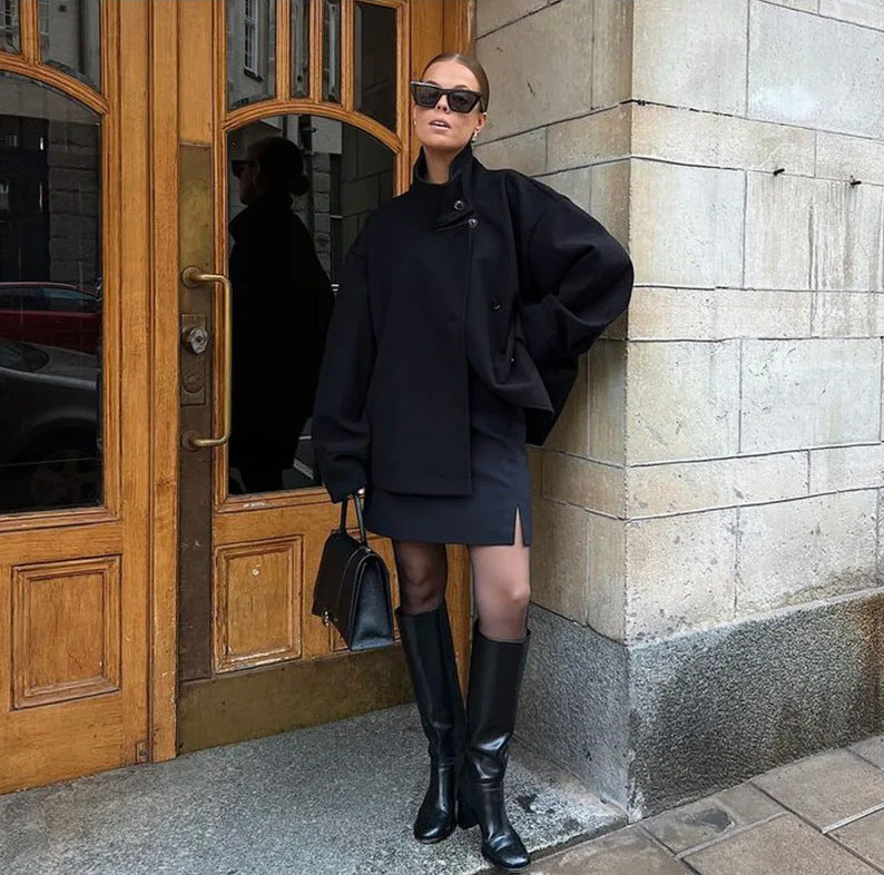 Damen modische Kurzjacke mit hohem Kragen und Knopfverschluss EB
