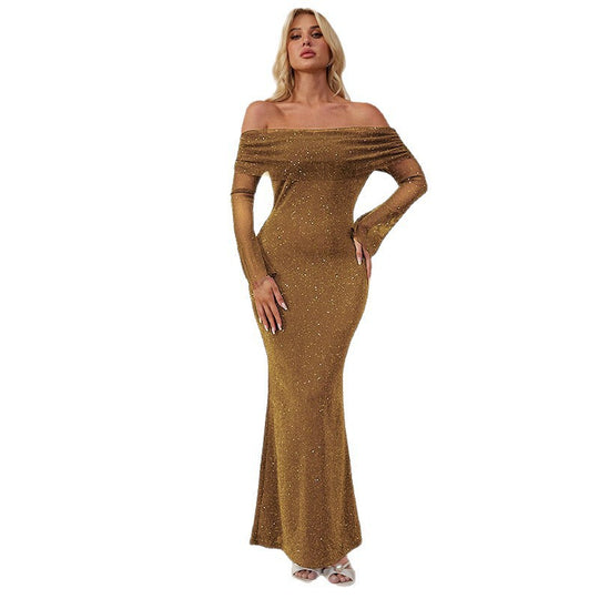 Damen Elegantes schulterfreies Maxikleid mit glitzernden Akzenten EB