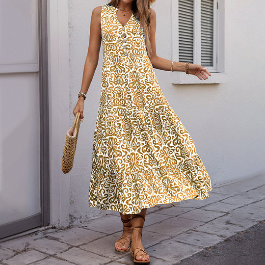 Damen Maxikleid mit romantischem Muster und tiefem V-Ausschnitt EB