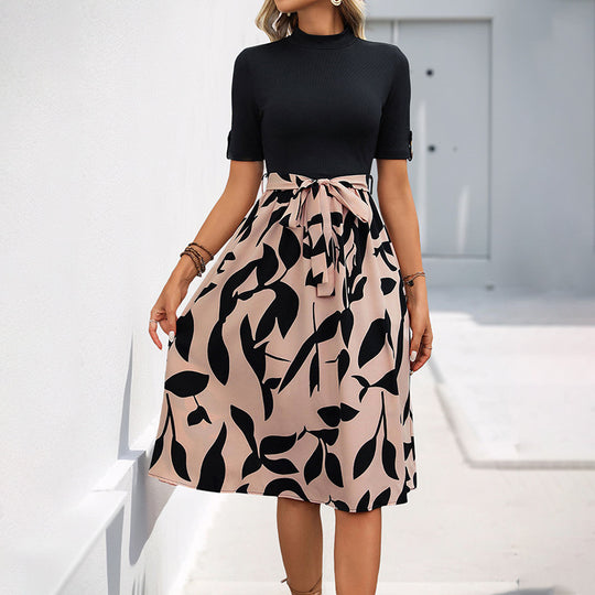 Damen Midikleid mit floralem Bindegürtel und eleganter Schnittführung EB