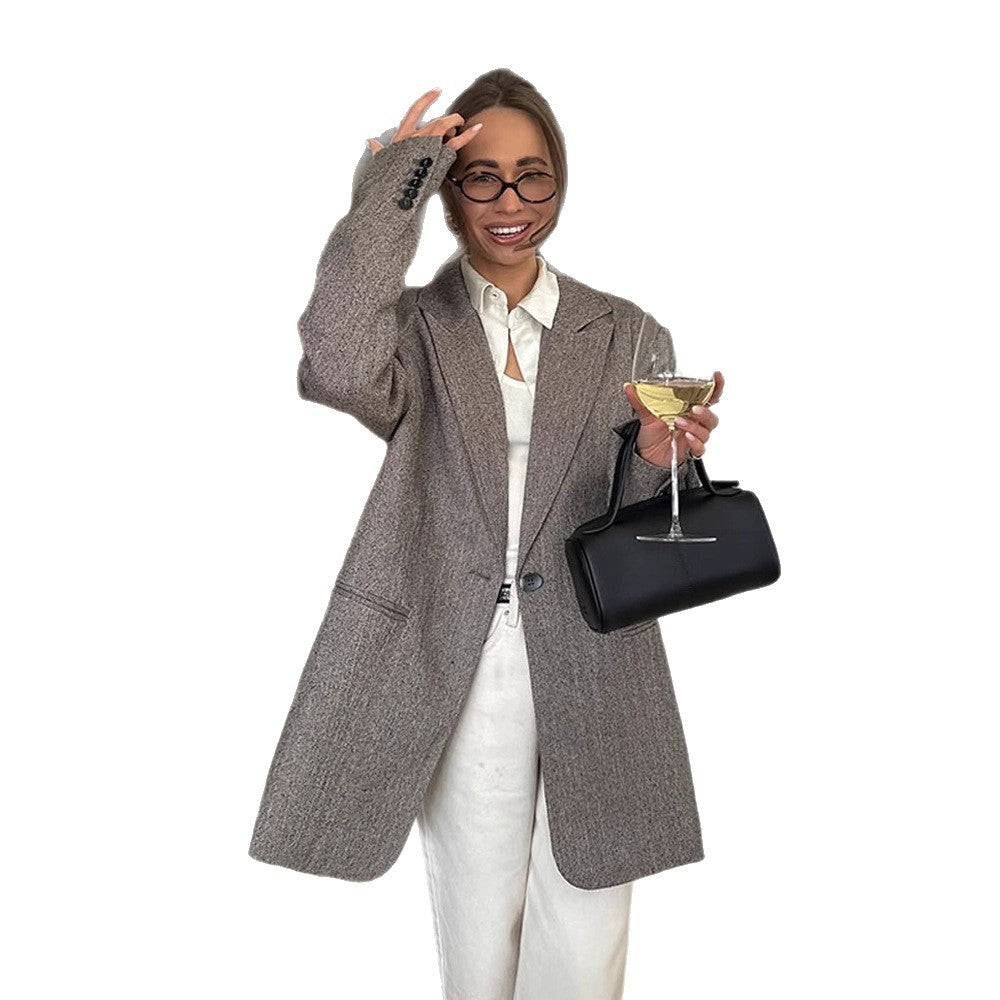Damen Oversized Blazerjacke mit edlem Karomuster und praktischen Taschen EB
