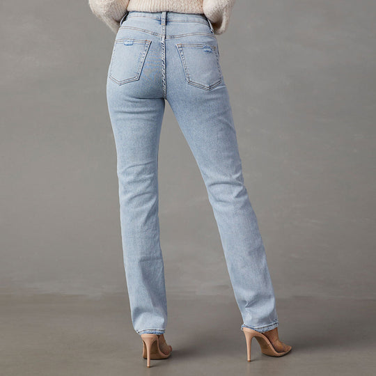 Damen High-Waist Jeans mit lässigem Schnitt und ausgefranstem Saum EB