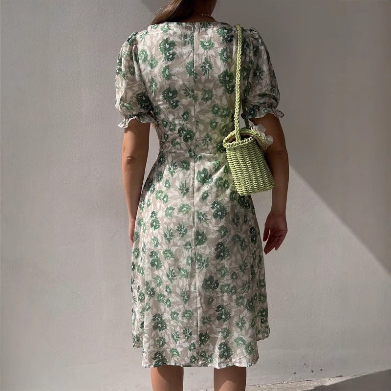 Damen Blumenkleid mit gerafften Ärmeln und seitlichem Schlitz EB