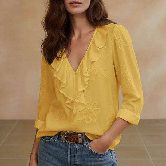 Damen elegante Bluse mit Volant und floralem Stickmuster EB