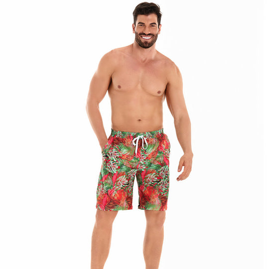 Herren Badeshorts mit tropischem Muster und verstellbarem Kordelzug EB
