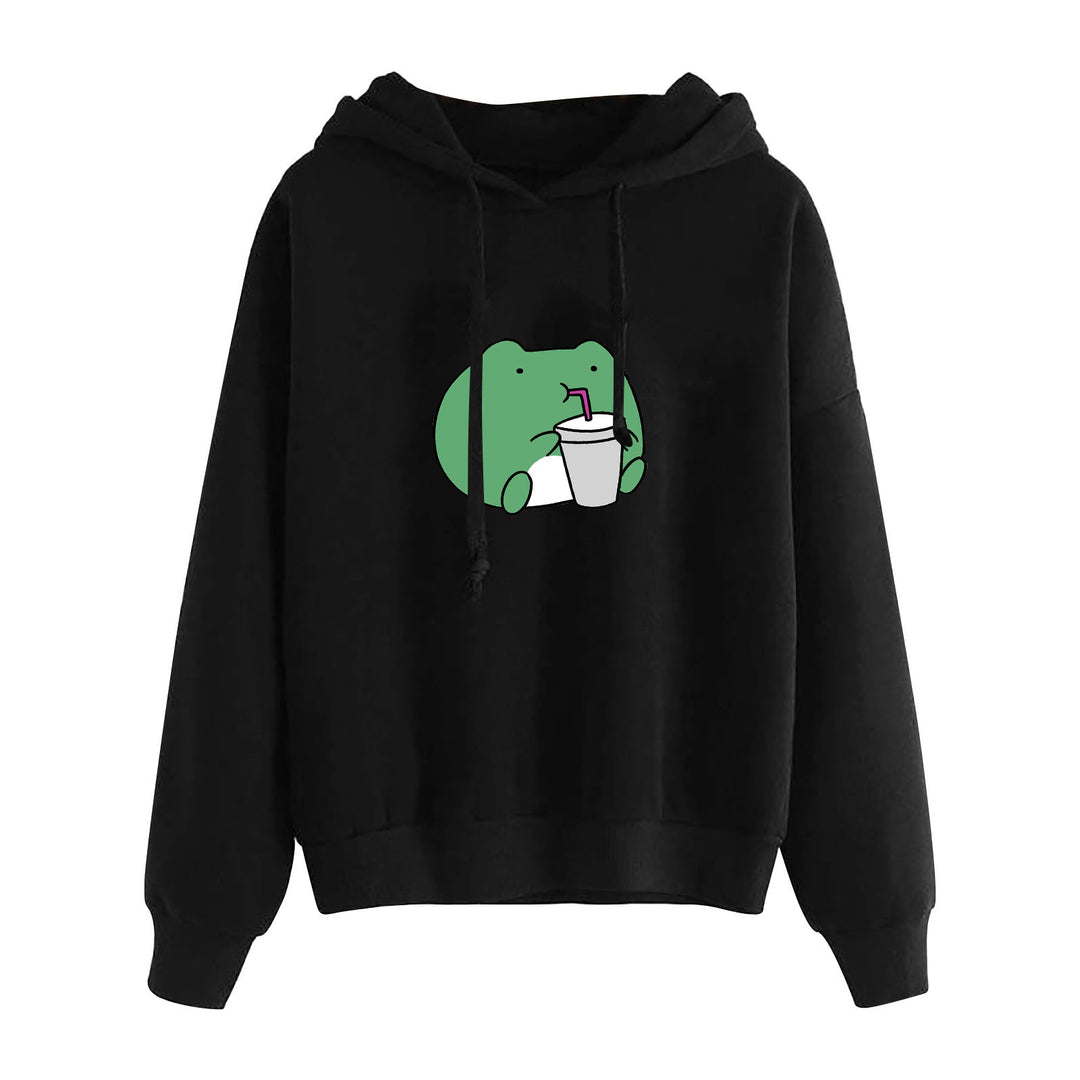 Damen nan kurz geschnittener Cropped-Kapuzenpullover mit niedlicher Frosch-Illustration und verstellbarer Kapuze EB
