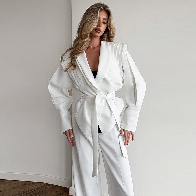 Damen Modische Blazerjacke mit asymmetrischem Schnitt und Taillengürtel EB