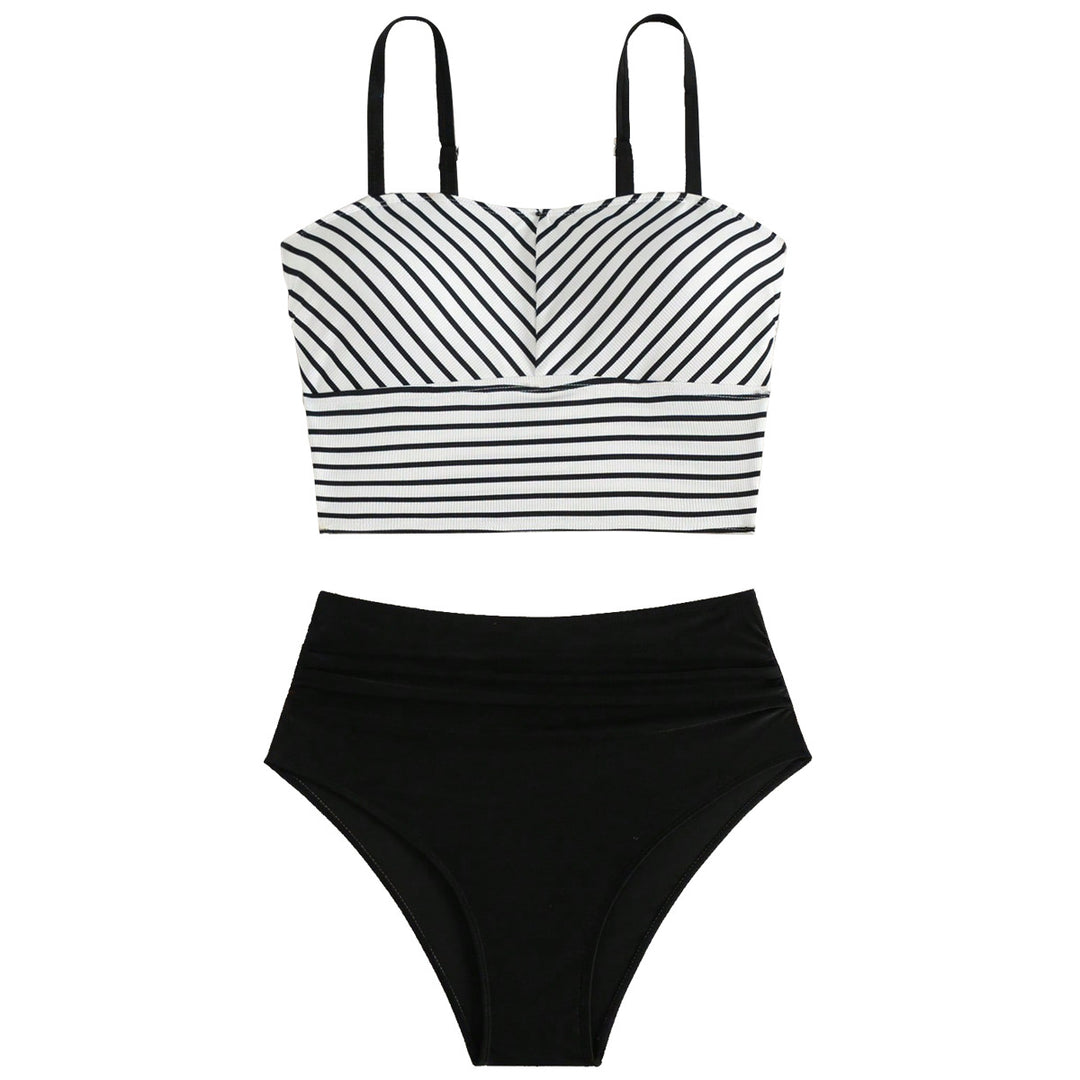 Damen Hochgeschnittener Bikini mit gestreiften Crop-Oberteil EB