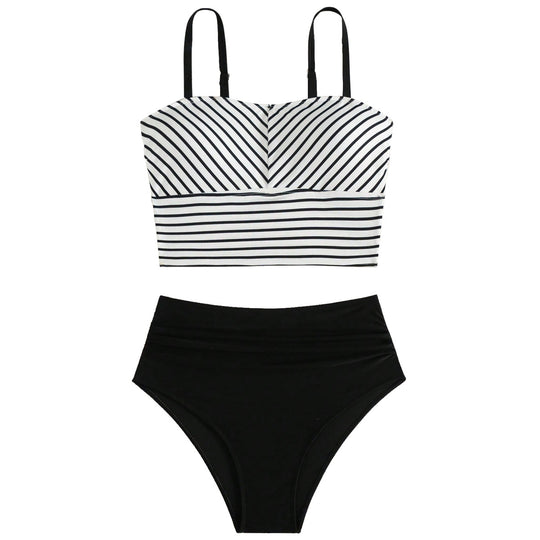 Damen Hochgeschnittener Bikini mit gestreiften Crop-Oberteil EB