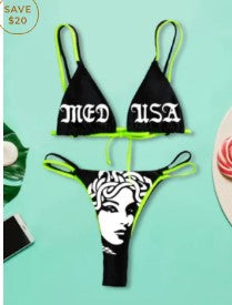 Damen Bandeau Bikini-Set mit auffälligem Grafikdruck EB