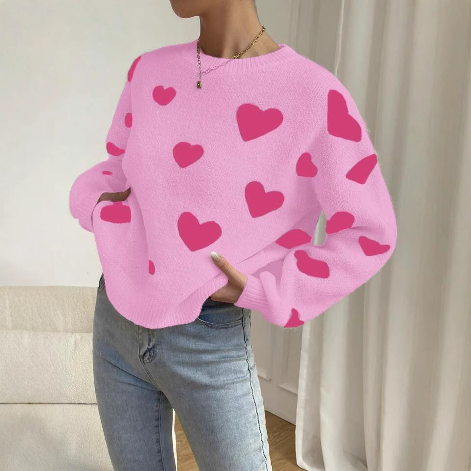 Damen Strickpullover mit auffälligem Herzdesign und lässigem Schnitt EB