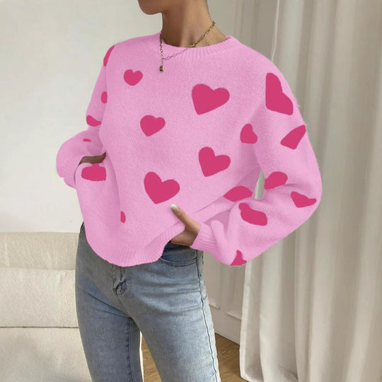 Damen Strickpullover mit auffälligem Herzdesign und lässigem Schnitt EB