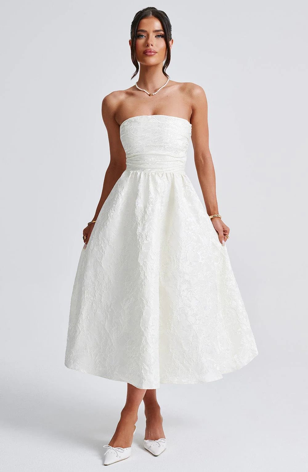 Damen schulterfreies A-Linien Kleid mit luxuriösem Blumenmuster EB