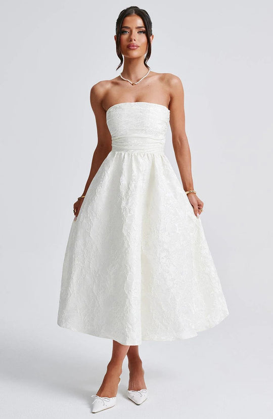 Damen schulterfreies A-Linien Kleid mit luxuriösem Blumenmuster EB