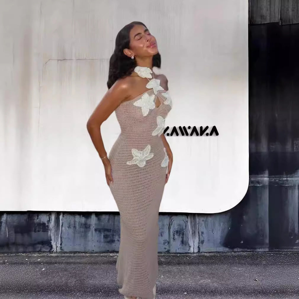 Damen Elegantes Maxikleid mit floralem Häkel-Design EB