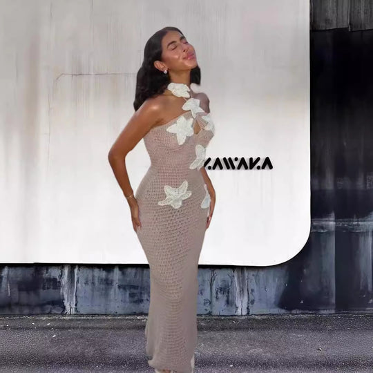 Damen Elegantes Maxikleid mit floralem Häkel-Design EB