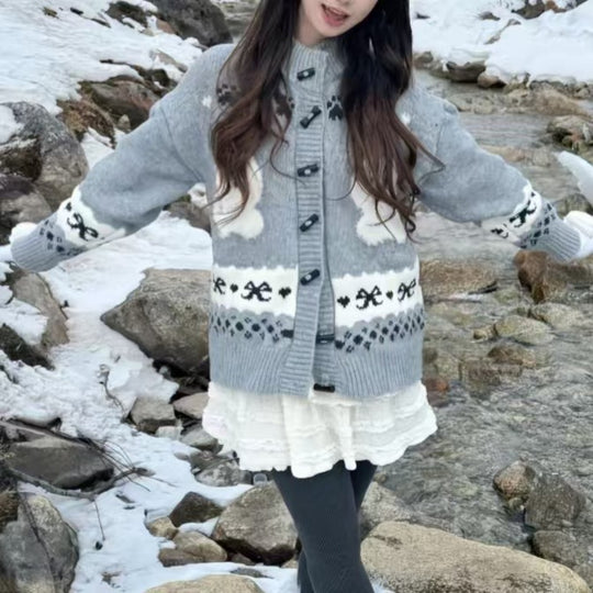 Damen Gemusterte Strickjacke mit tierischem Motiv und Knopfdetails EB
