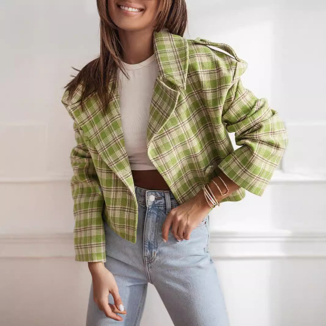 Damen Karierte Cropped Jacke EB
