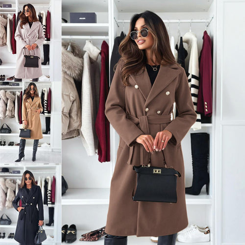 Damen Doppelt genähter Trenchcoat mit taillierbarem Gürtel und eleganter Struktur EB