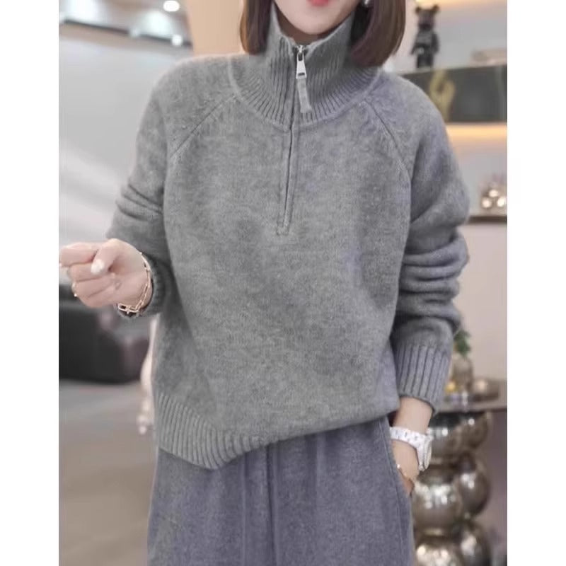 Damen Strickpullover mit hohem Kragen und praktischem Reißverschluss EB