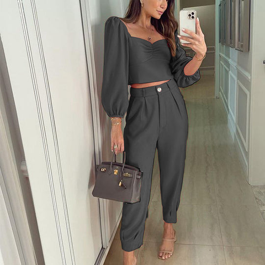 Damen Crop-Top und High-Waist Hose Set mit Puffärmeln EB