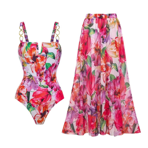 Damen eleganter Badeanzug mit floralem Wickelrock EB