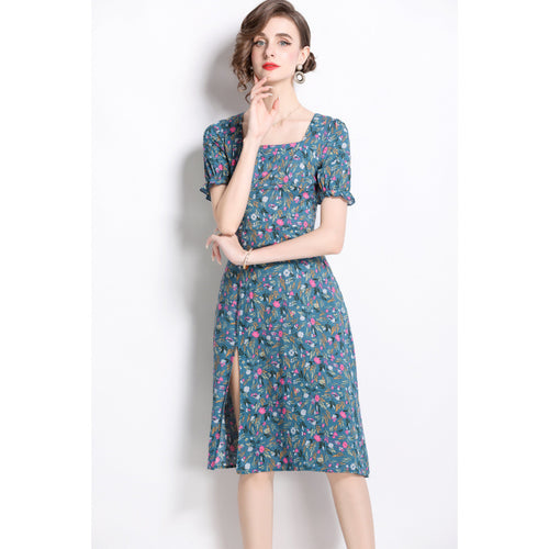 Damen Midikleid mit floralem Druck und seitlichem Schlitz EB