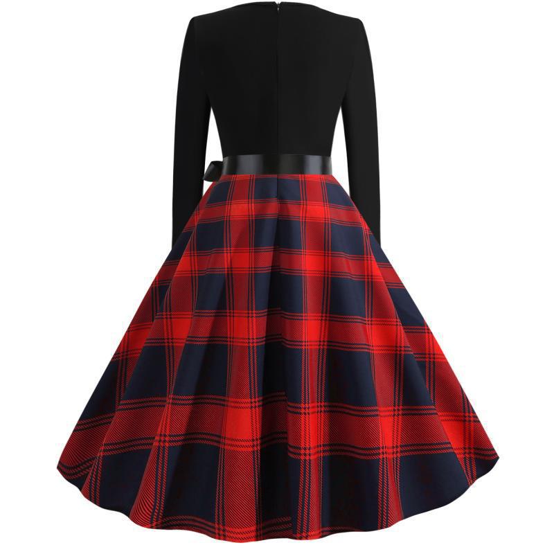 Damen Retro Swingkleid im Vintage-Stil mit geschwungener V-Kante, Satin-Taillenschleife und karierter Tellerrock EB