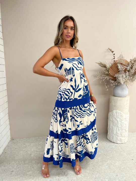 Damen Maxikleid mit elastischem Taillenbund und bohemian Muster EB