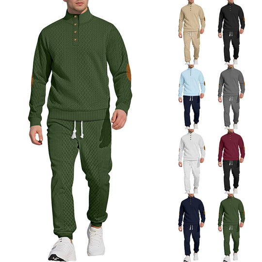 Herren nan strukturiertes Strick-Freizeitset mit Halbknopf-Stehkragen Wildleder-Ellbogenpatches und Kordelbund-Jogger EB