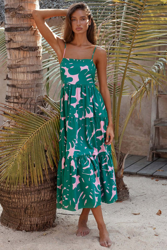 Damen Maxikleid mit voluminösem Rock und kreativem Blattdruck EB