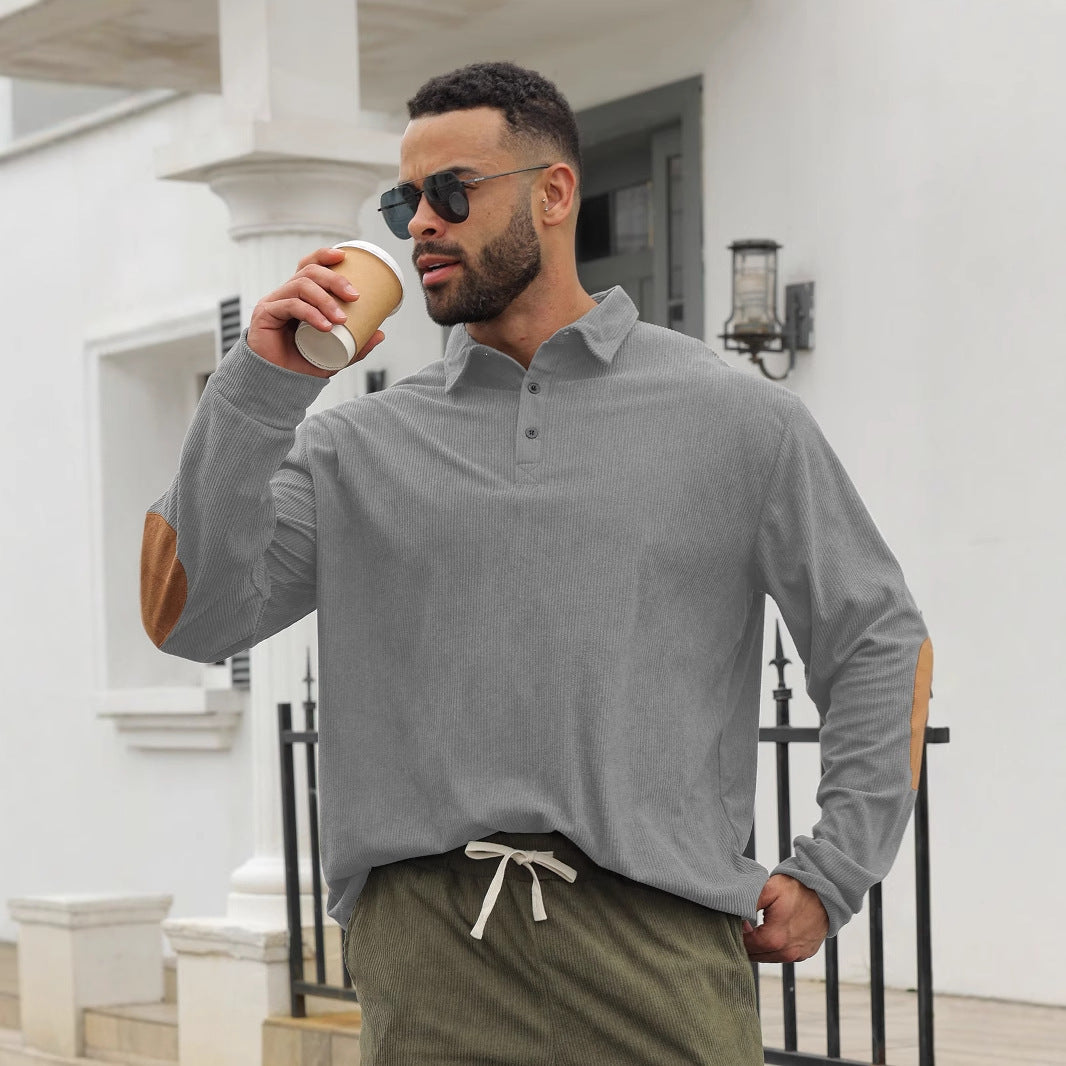 Herren nan legeres Langarm-Poloshirt mit Hemdkragen, kurzer Knopfleiste, feiner Struktur und Velours-Ellenbogenbesatz EB