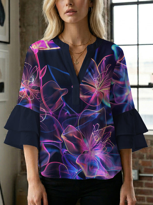 Damen Bluse mit voluminösen Rüschenärmeln und floralem Muster EB