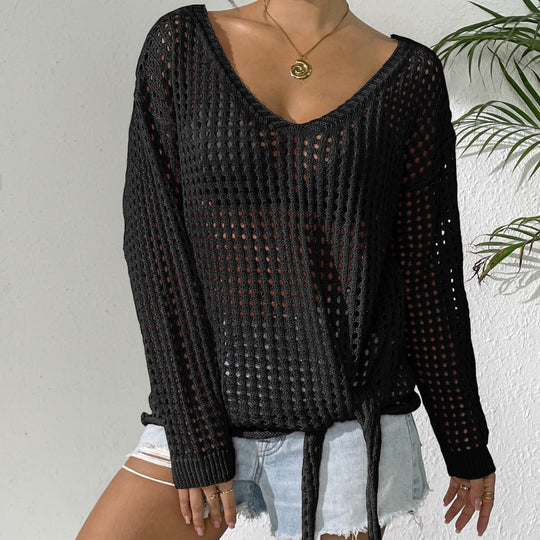 Damen luftiger Strickpullover mit V-Ausschnitt und dekorativem Knoten EB
