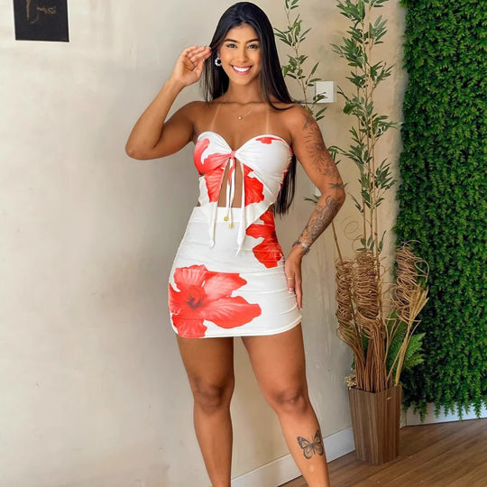 Damen figurbetontes Kleid mit floralem Design und Raffungsdetails EB