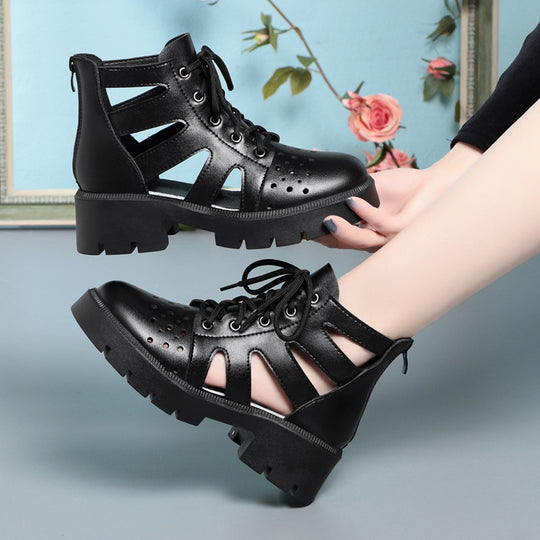 Damen Cut-Out Schnürstiefeletten mit robustem Blockabsatz und atmungsaktivem Obermaterial EB