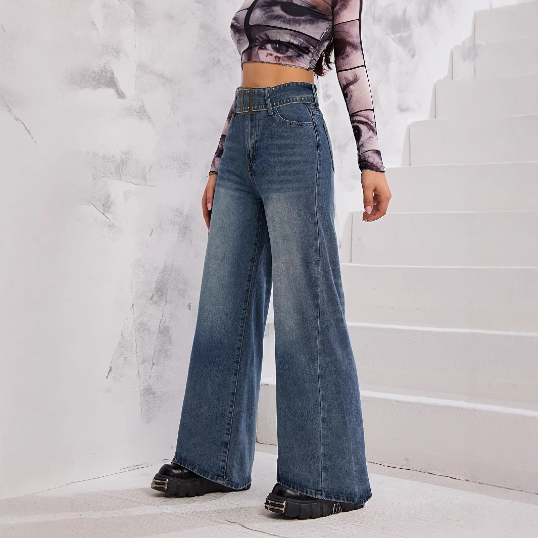 Damen Weite Denim-Hose mit hoch tailliertem Bund und modischen Schnallen EB