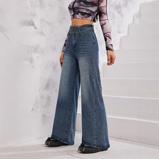 Damen Weite Denim-Hose mit hoch tailliertem Bund und modischen Schnallen EB