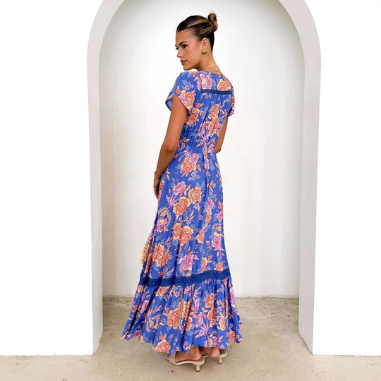 Damen Maxikleid mit tiefem V-Ausschnitt und romantischem Blumenmuster EB