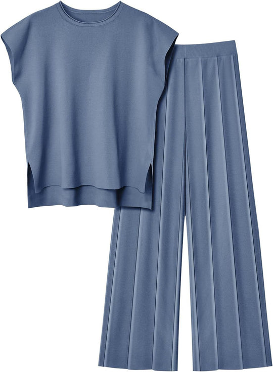 Damen elegantes Set mit kurzärmligem Oberteil und plissierter Hose EB