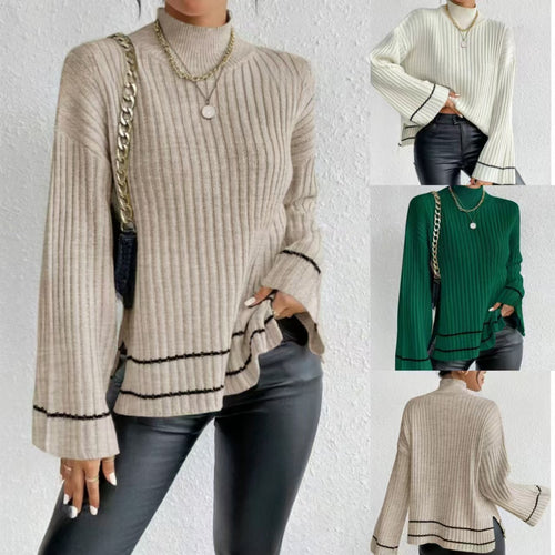 Damen eleganter Strickpullover mit hohem Kragen und weitem Ärmelabschluss EB