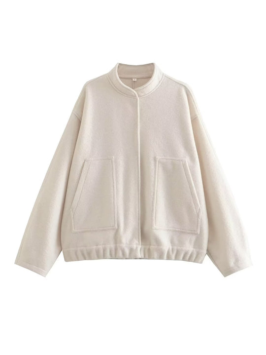Damen Oversized Strickjacke aus weichem Teddystoff mit Stehkragen und seitlichen Taschen EB