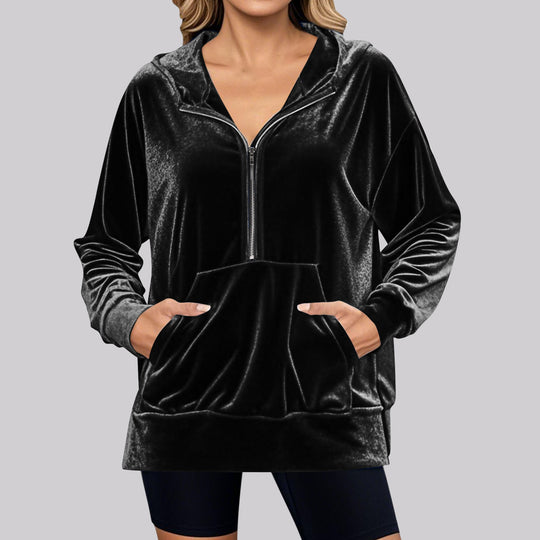 Damen Lässiger Velvet Hoodie mit praktischem Reißverschluss und Kängurutasche EB