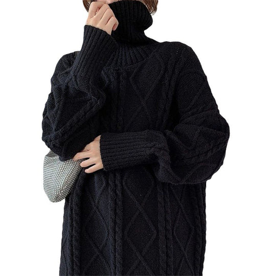 Damen Langer Strickpullover mit dickem Zopfmuster und Stehkragen EB