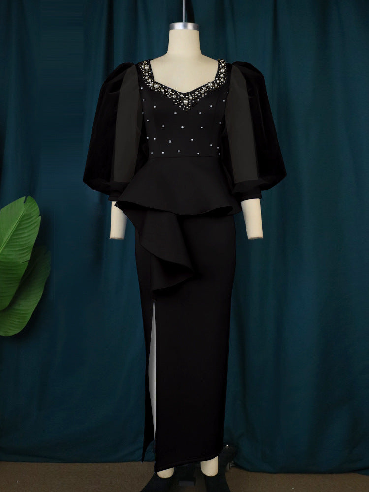 Damen Elegantes Abendkleid mit funkelnden Perlen und voluminösen Tüllärmeln EB